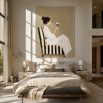Red Wine Meets Ivory - woman drinking red wine by Marcus Lau, Retro Modern vertical wall art – styled room scene view 4