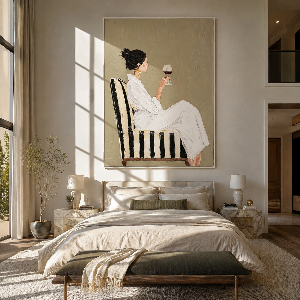 Red Wine Meets Ivory - woman drinking red wine by Marcus Lau, Retro Modern vertical wall art – styled room scene view 4