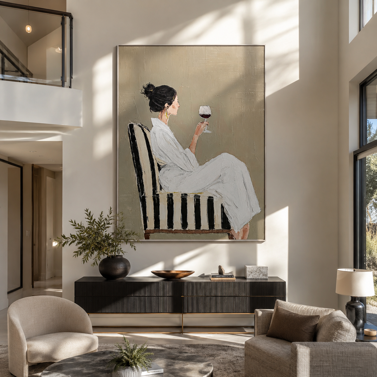 Red Wine Meets Ivory - woman drinking red wine by Marcus Lau, Retro Modern vertical wall art – styled room scene view 5