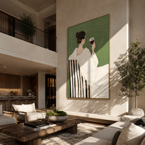 Wine Waits Beside White - back facing wine woman by Marcus Lau, Retro Modern vertical wall art – styled room scene view 1