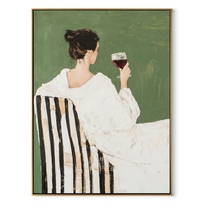 Wine Waits Beside White - back facing wine woman by Marcus Lau, Retro Modern vertical wall art – wood frame on white background