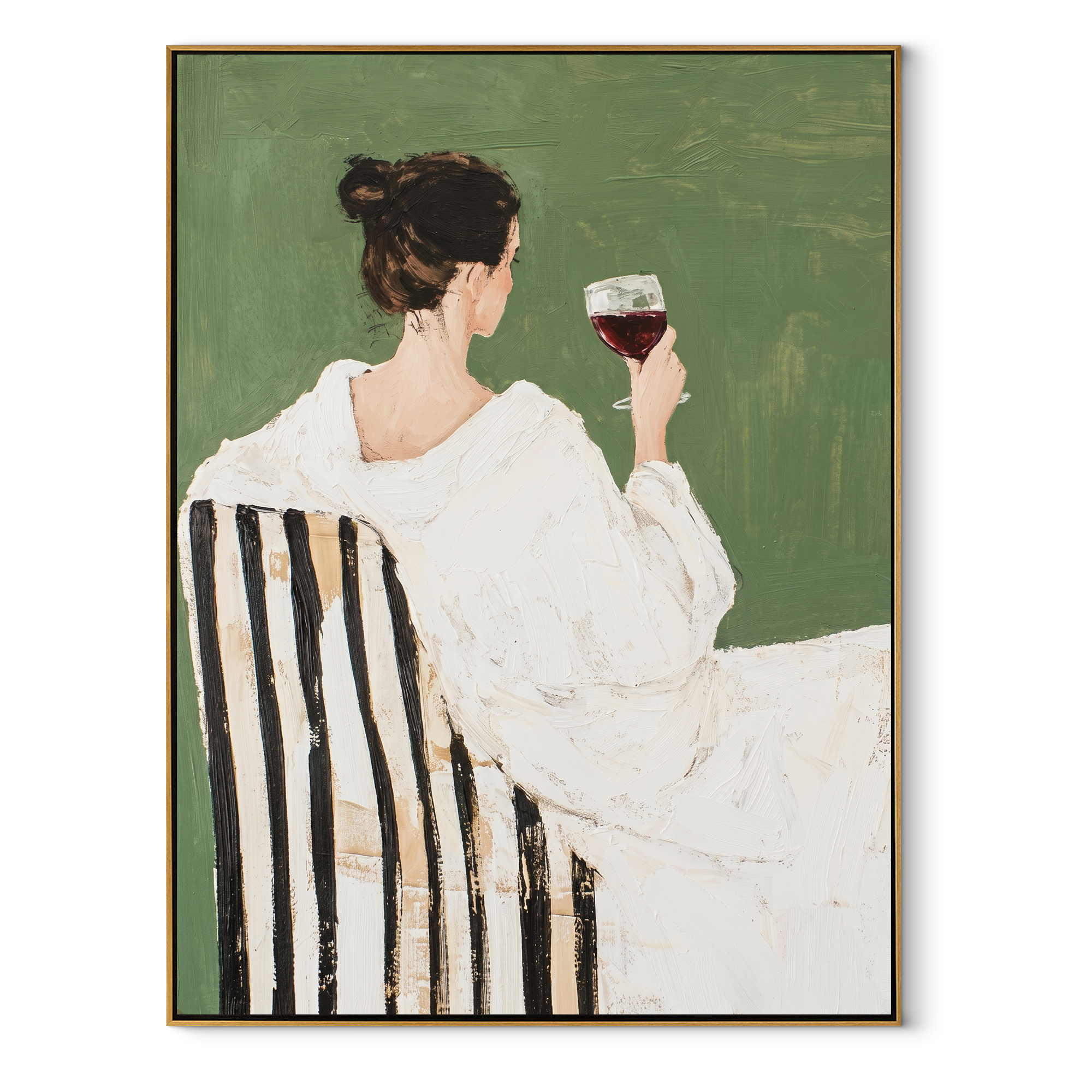 Wine Waits Beside White - back facing wine woman by Marcus Lau, Retro Modern vertical wall art – wood frame on white background