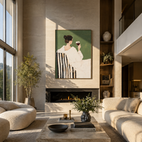 Wine Waits Beside White - back facing wine woman by Marcus Lau, Retro Modern vertical wall art – styled room scene view 2