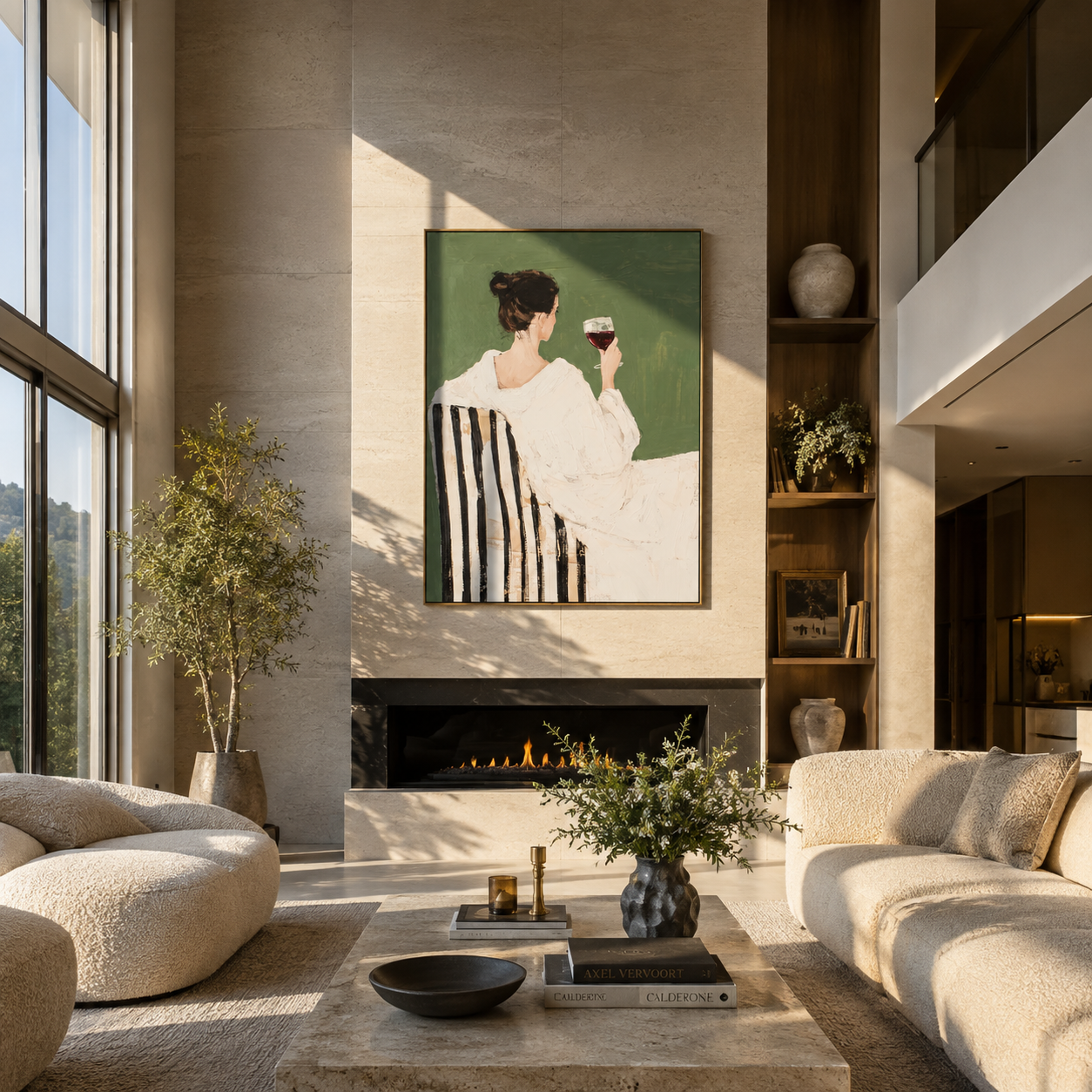 Wine Waits Beside White - back facing wine woman by Marcus Lau, Retro Modern vertical wall art – styled room scene view 2