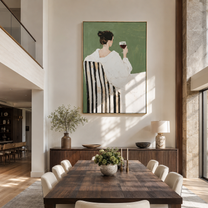 Wine Waits Beside White - back facing wine woman by Marcus Lau, Retro Modern vertical wall art – styled room scene view 3