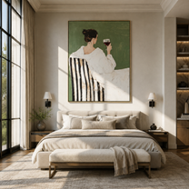 Wine Waits Beside White - back facing wine woman by Marcus Lau, Retro Modern vertical wall art – styled room scene view 4