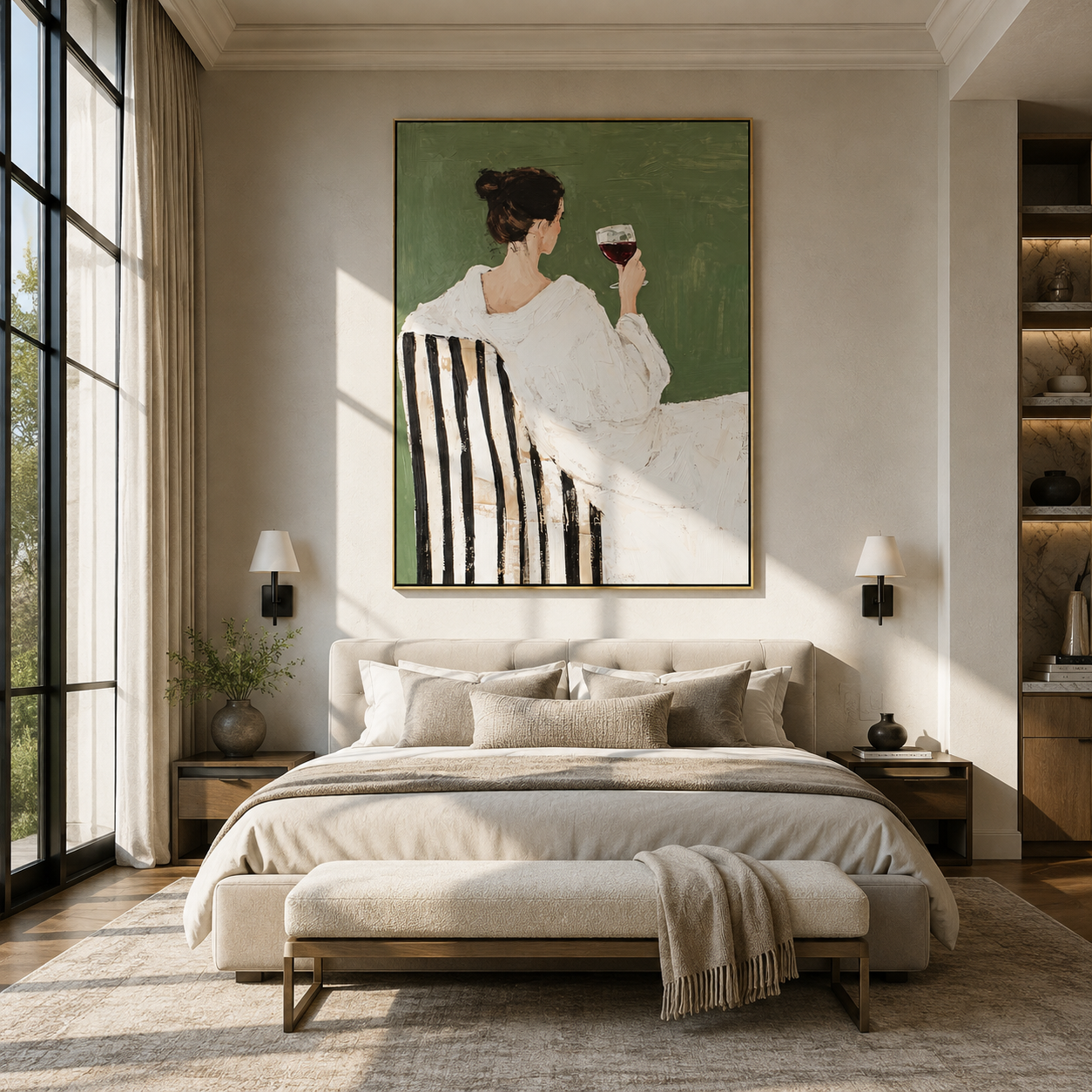 Wine Waits Beside White - back facing wine woman by Marcus Lau, Retro Modern vertical wall art – styled room scene view 4