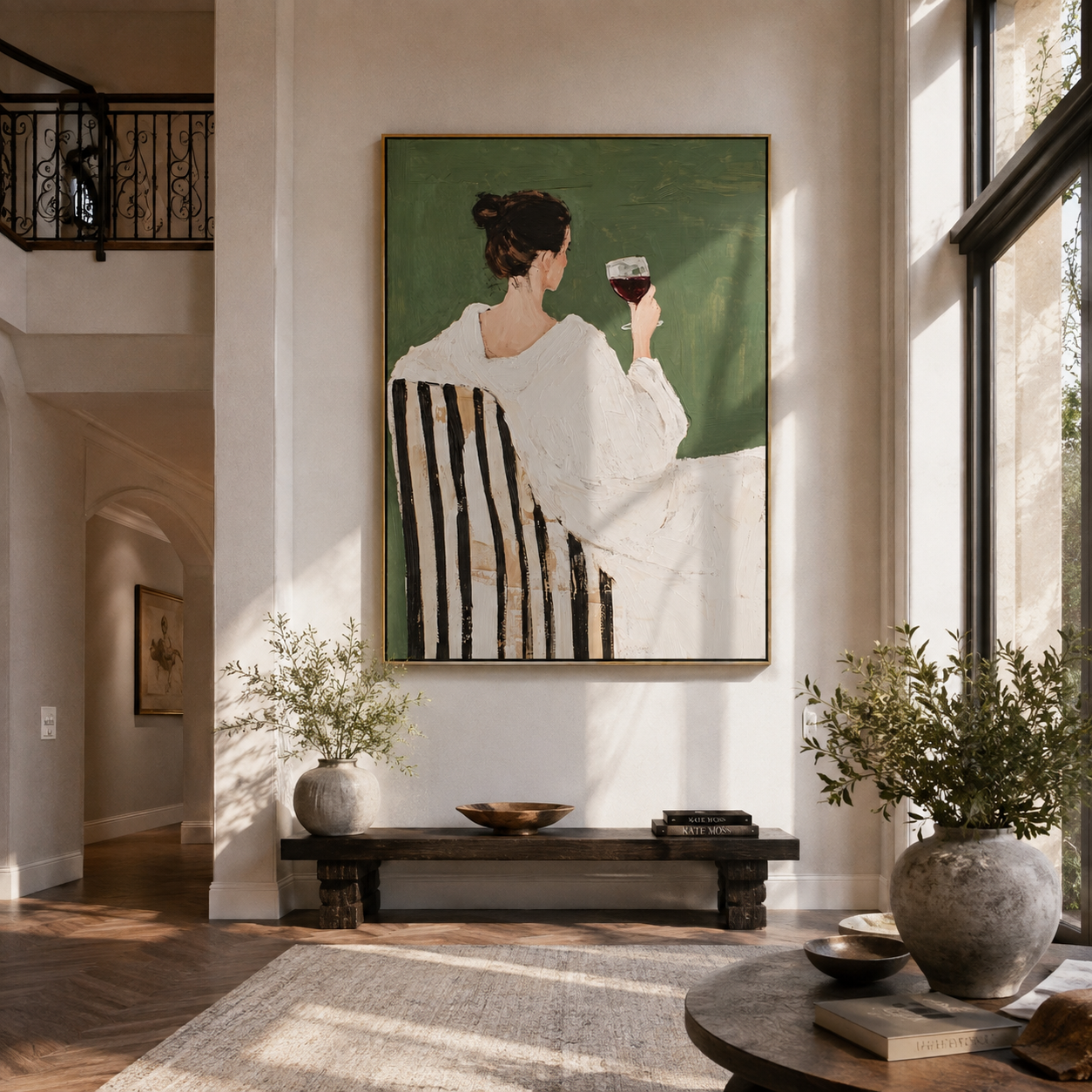 Wine Waits Beside White - back facing wine woman by Marcus Lau, Retro Modern vertical wall art – styled room scene view 5
