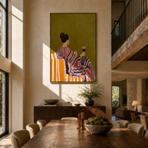 Striped Robe Keeps Evening - woman in striped robe by Marcus Lau, Retro Modern vertical wall art – styled room scene view 1
