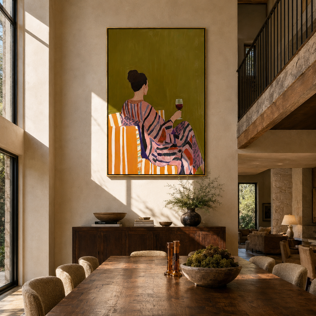 Striped Robe Keeps Evening - woman in striped robe by Marcus Lau, Retro Modern vertical wall art – styled room scene view 1