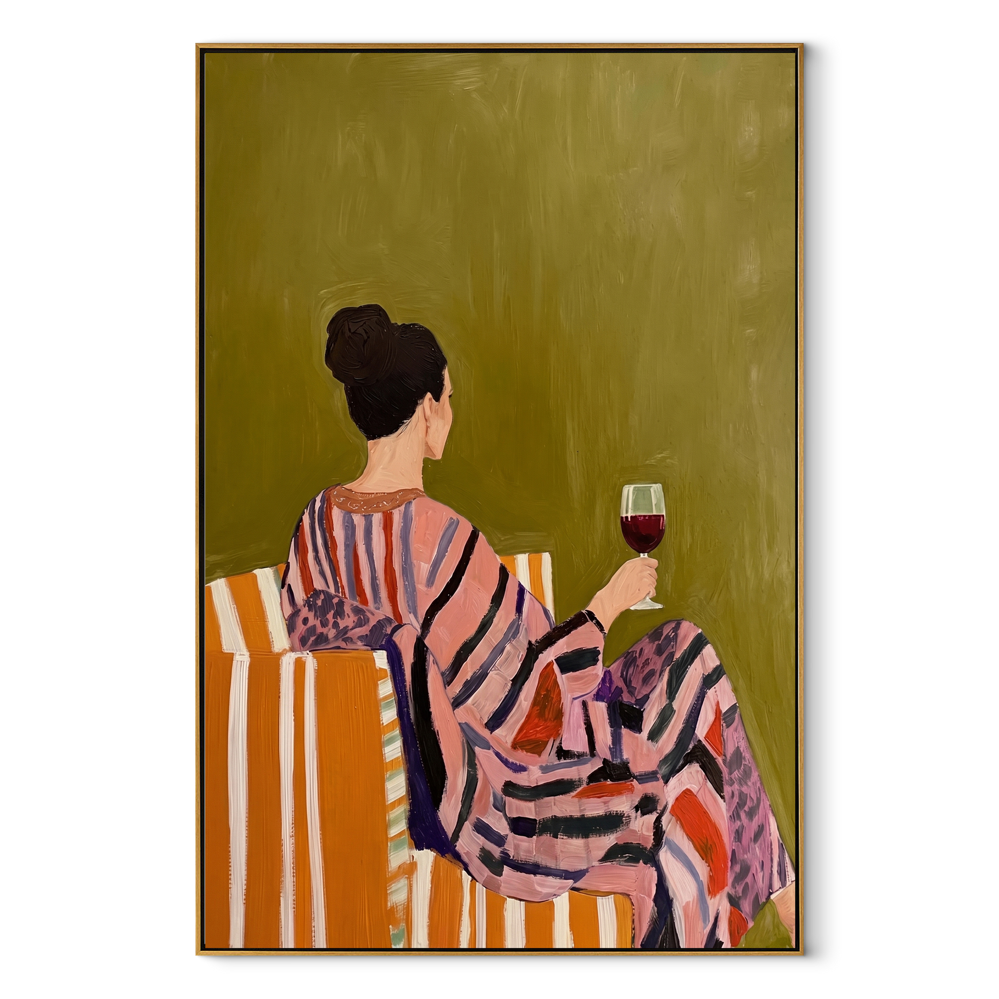 Striped Robe Keeps Evening - woman in striped robe by Marcus Lau, Retro Modern vertical wall art – wood frame on white background