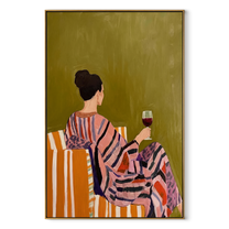 Striped Robe Keeps Evening - woman in striped robe by Marcus Lau, Retro Modern vertical wall art – wood frame on white background