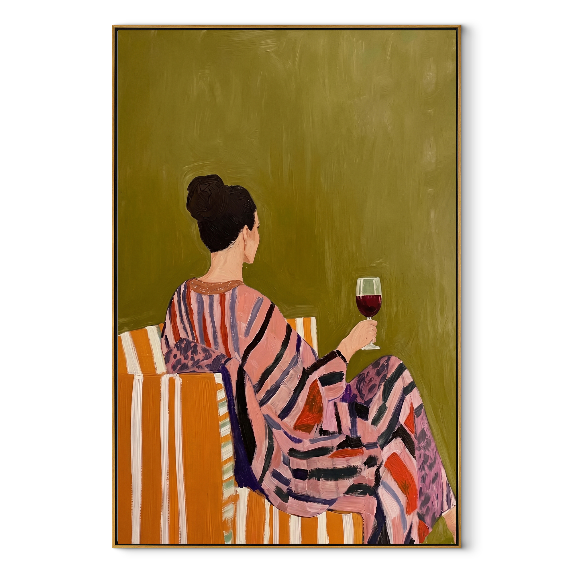 Striped Robe Keeps Evening - woman in striped robe by Marcus Lau, Retro Modern vertical wall art – wood frame on white background