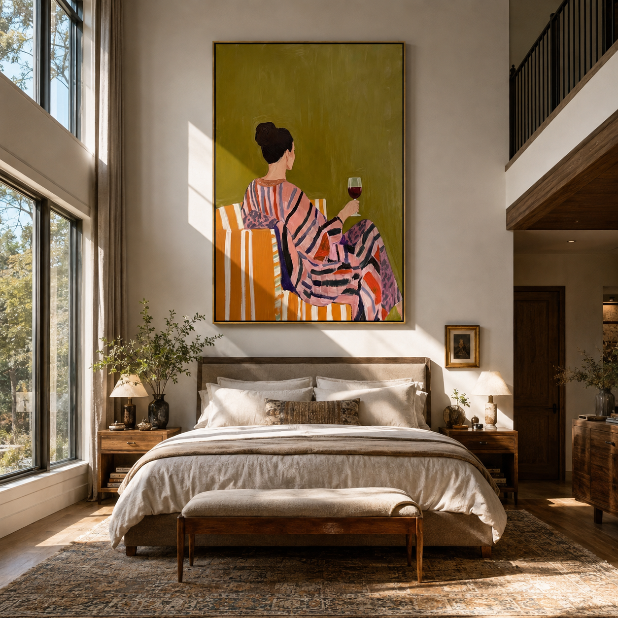 Striped Robe Keeps Evening - woman in striped robe by Marcus Lau, Retro Modern vertical wall art – styled room scene view 2