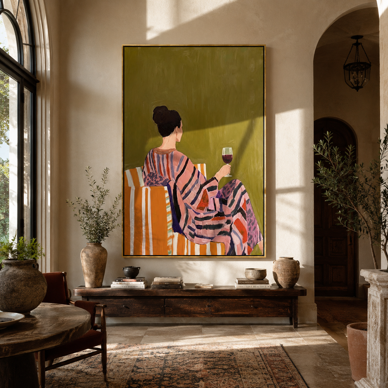 Striped Robe Keeps Evening - woman in striped robe by Marcus Lau, Retro Modern vertical wall art – styled room scene view 3