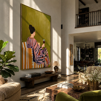 Striped Robe Keeps Evening - woman in striped robe by Marcus Lau, Retro Modern vertical wall art – styled room scene view 4