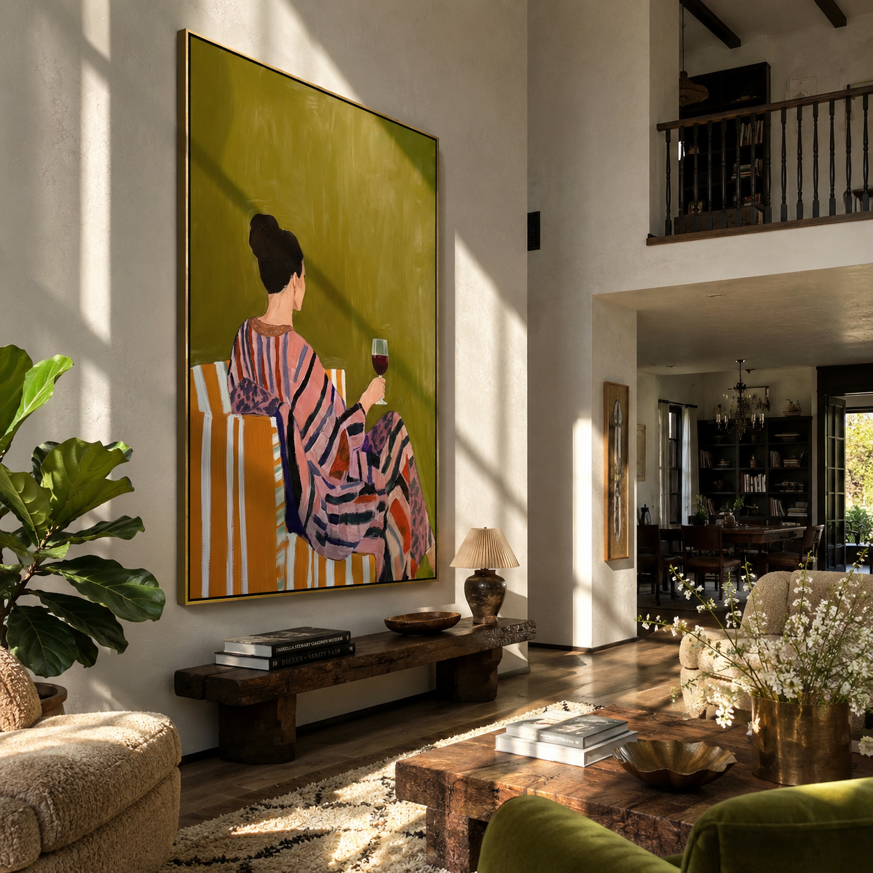 Striped Robe Keeps Evening - woman in striped robe by Marcus Lau, Retro Modern vertical wall art – styled room scene view 4