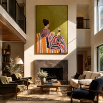 Striped Robe Keeps Evening - woman in striped robe by Marcus Lau, Retro Modern vertical wall art – styled room scene view 5