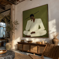 Ivory Silence Leans Olive - seated ivory figure by Marcus Lau, Retro Modern square wall art – styled room scene view 1
