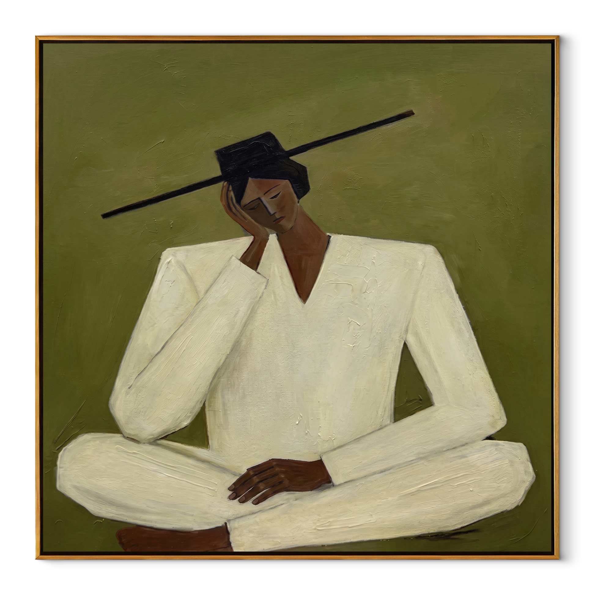 Ivory Silence Leans Olive - seated ivory figure by Marcus Lau, Retro Modern square wall art – wood frame on white background