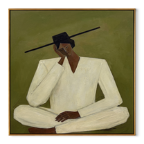 Ivory Silence Leans Olive - seated ivory figure by Marcus Lau, Retro Modern square wall art – wood frame on white background