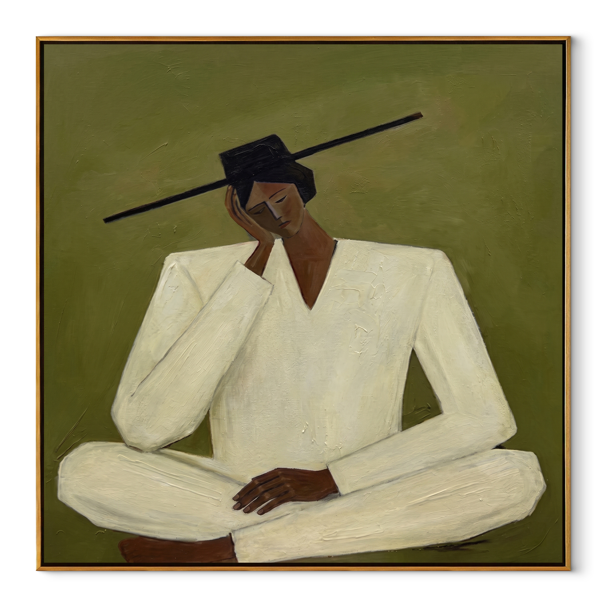 Ivory Silence Leans Olive - seated ivory figure by Marcus Lau, Retro Modern square wall art – wood frame on white background