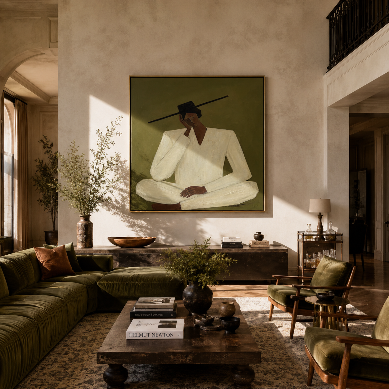 Ivory Silence Leans Olive - seated ivory figure by Marcus Lau, Retro Modern square wall art – styled room scene view 2