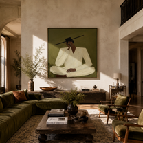 Ivory Silence Leans Olive - seated ivory figure by Marcus Lau, Retro Modern square wall art – styled room scene view 2