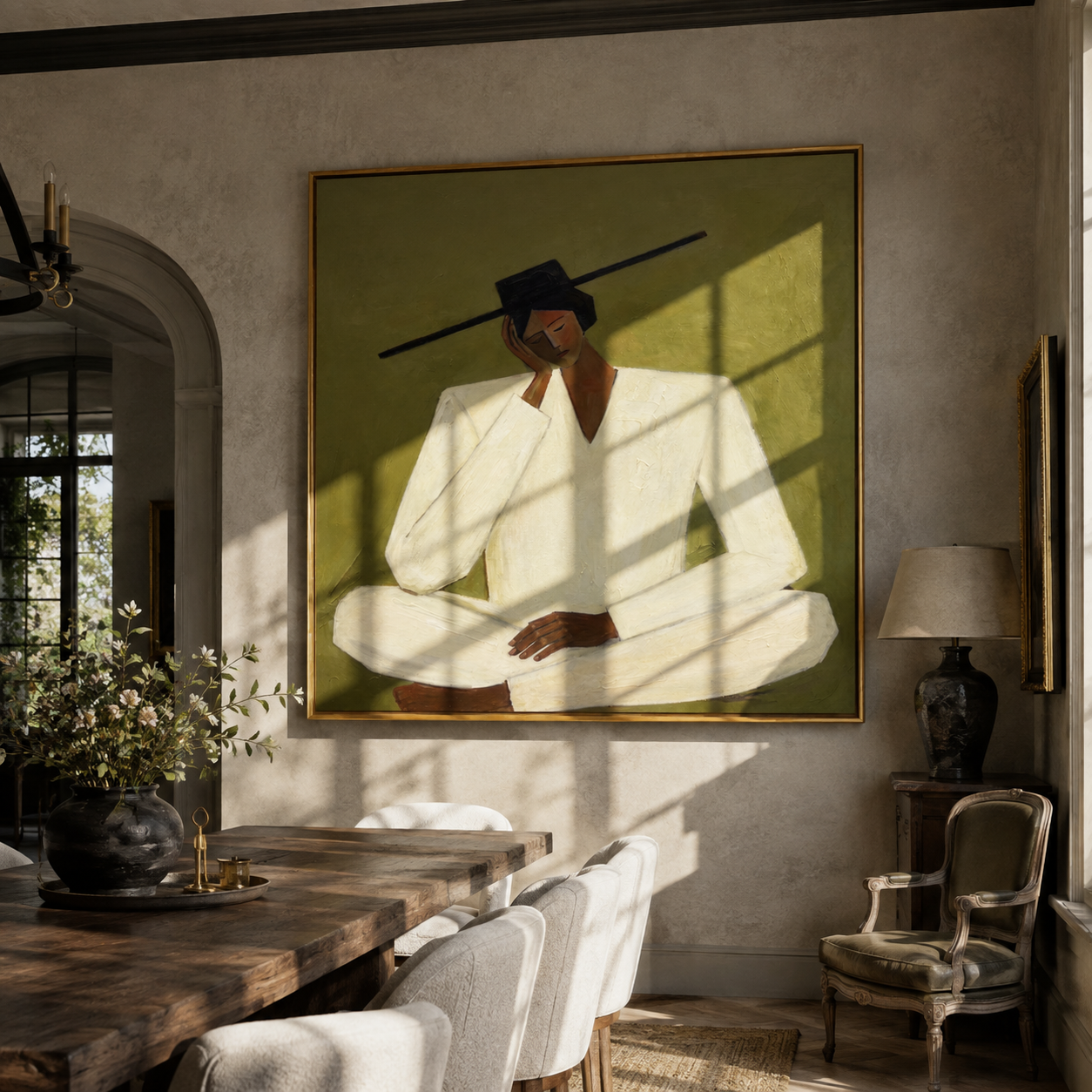 Ivory Silence Leans Olive - seated ivory figure by Marcus Lau, Retro Modern square wall art – styled room scene view 3