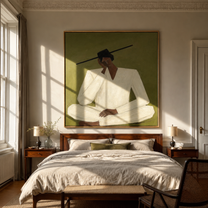 Ivory Silence Leans Olive - seated ivory figure by Marcus Lau, Retro Modern square wall art – styled room scene view 4