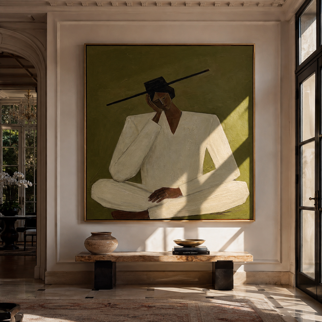 Ivory Silence Leans Olive - seated ivory figure by Marcus Lau, Retro Modern square wall art – styled room scene view 5