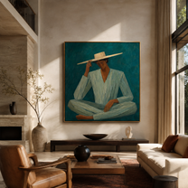 Pale Brim Meets Teal - seated teal suit figure by Marcus Lau, Retro Modern square wall art – styled room scene view 1