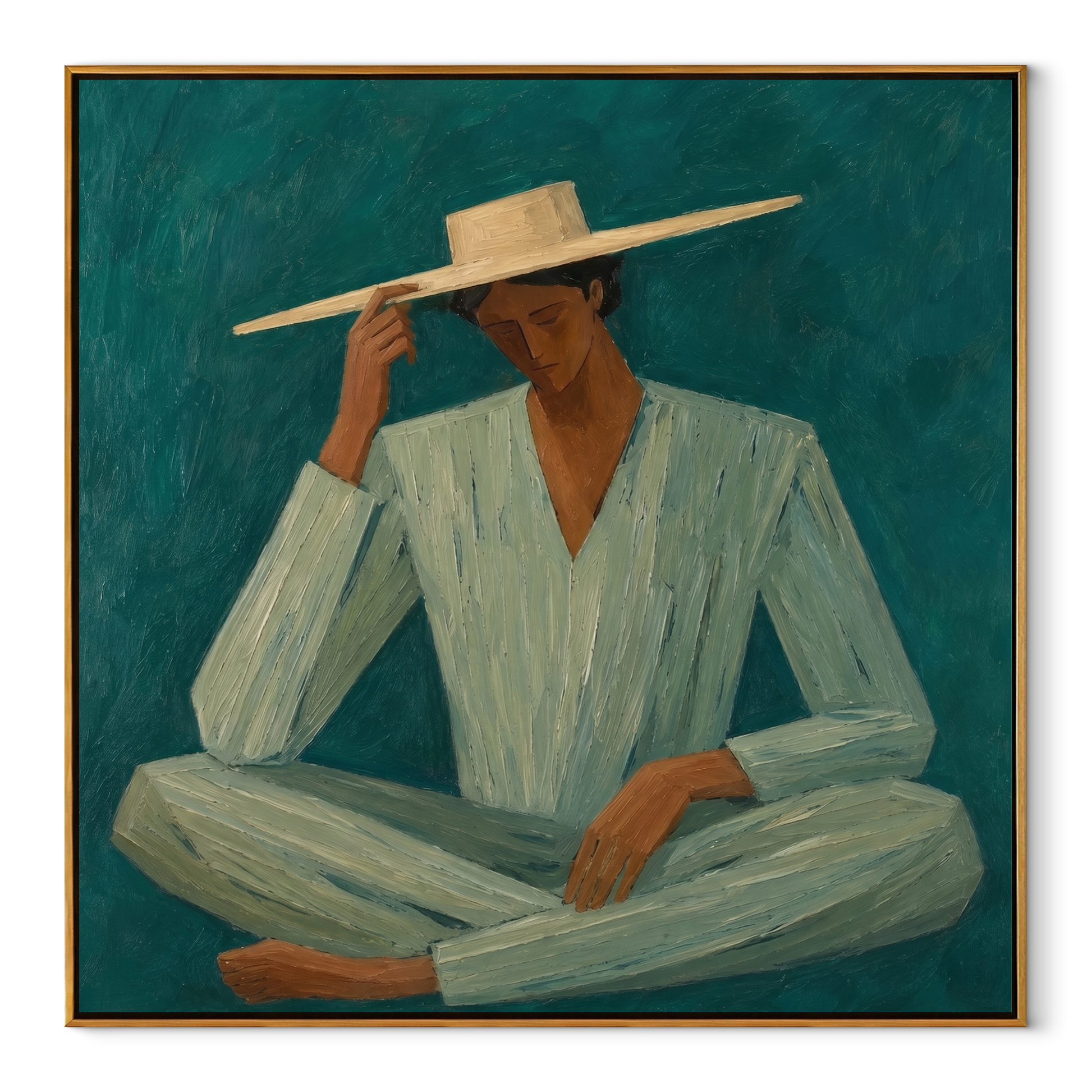 Pale Brim Meets Teal - seated teal suit figure by Marcus Lau, Retro Modern square wall art – wood frame on white background