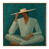 Pale Brim Meets Teal - seated teal suit figure by Marcus Lau, Retro Modern square wall art – wood frame on white background