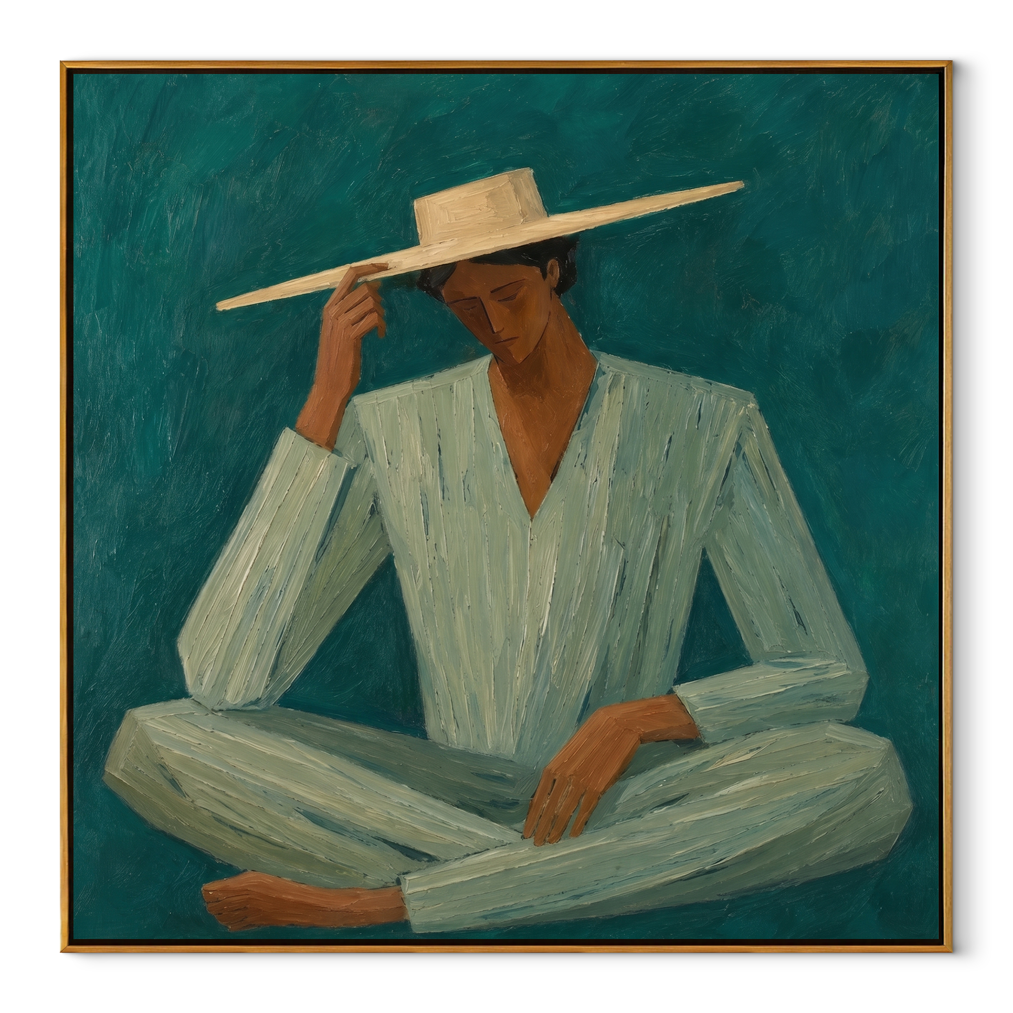 Pale Brim Meets Teal - seated teal suit figure by Marcus Lau, Retro Modern square wall art – wood frame on white background