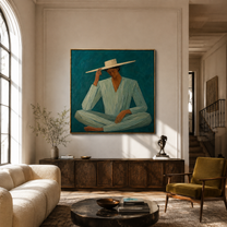 Pale Brim Meets Teal - seated teal suit figure by Marcus Lau, Retro Modern square wall art – styled room scene view 2