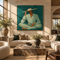 Pale Brim Meets Teal - seated teal suit figure by Marcus Lau, Retro Modern square wall art – styled room scene view 3