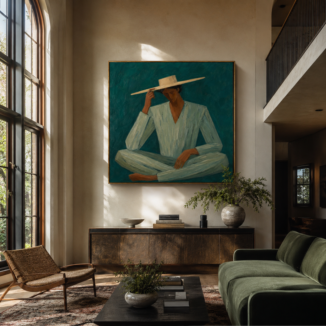 Pale Brim Meets Teal - seated teal suit figure by Marcus Lau, Retro Modern square wall art – styled room scene view 4