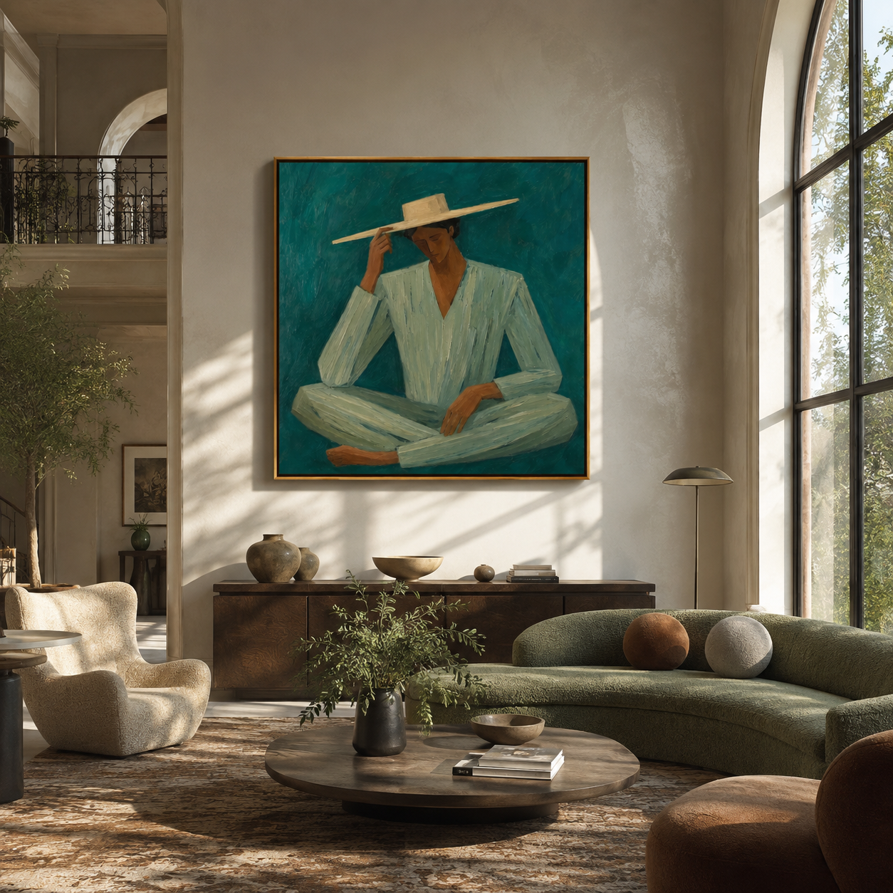 Pale Brim Meets Teal - seated teal suit figure by Marcus Lau, Retro Modern square wall art – styled room scene view 5