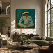 Pale Brim Meets Teal - seated teal suit figure by Marcus Lau, Retro Modern square wall art – styled room scene view 5