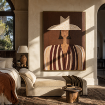 Striped Brim Crosses Cocoa - brown striped hat figure by Marcus Lau, Retro Modern vertical wall art – styled room scene view 1