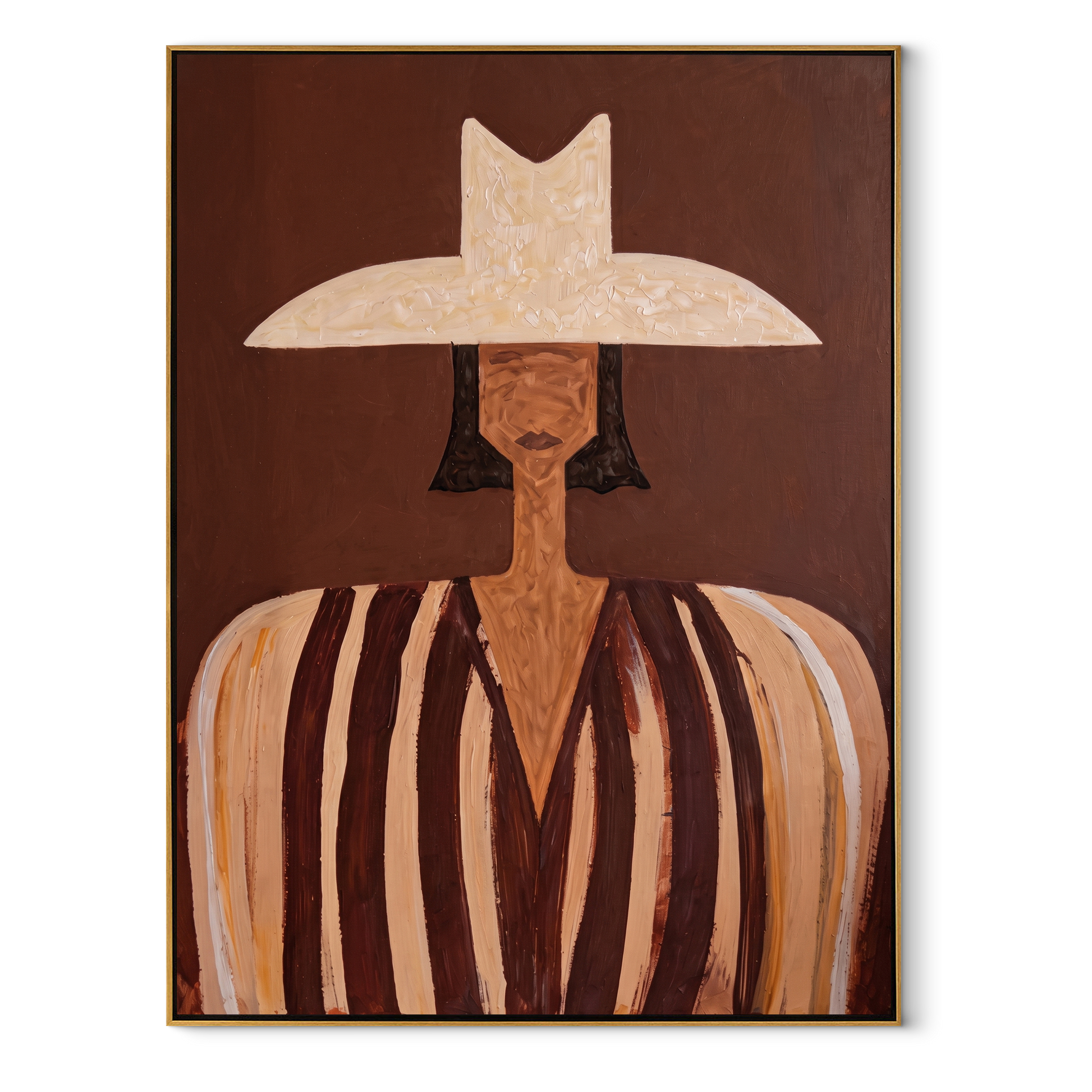 Striped Brim Crosses Cocoa - brown striped hat figure by Marcus Lau, Retro Modern vertical wall art – wood frame on white background