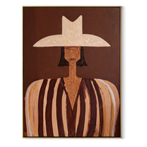 Striped Brim Crosses Cocoa - brown striped hat figure by Marcus Lau, Retro Modern vertical wall art – wood frame on white background