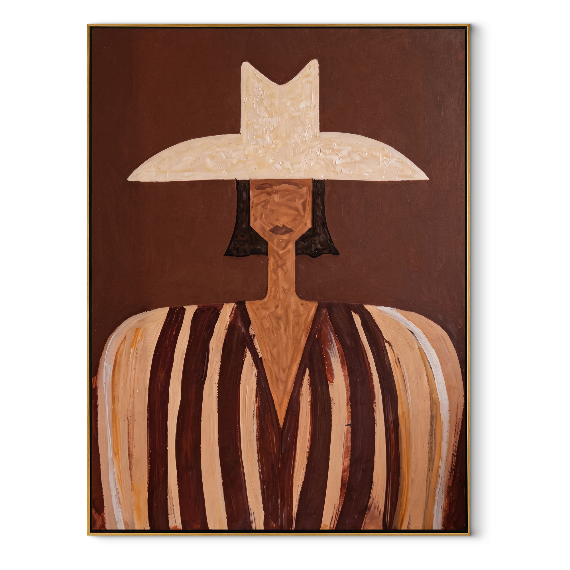 Striped Brim Crosses Cocoa - brown striped hat figure by Marcus Lau, Retro Modern vertical wall art – wood frame on white background