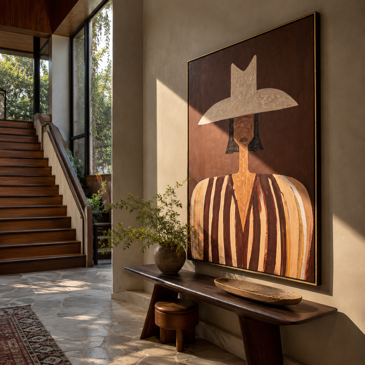 Striped Brim Crosses Cocoa - brown striped hat figure by Marcus Lau, Retro Modern vertical wall art – styled room scene view 2