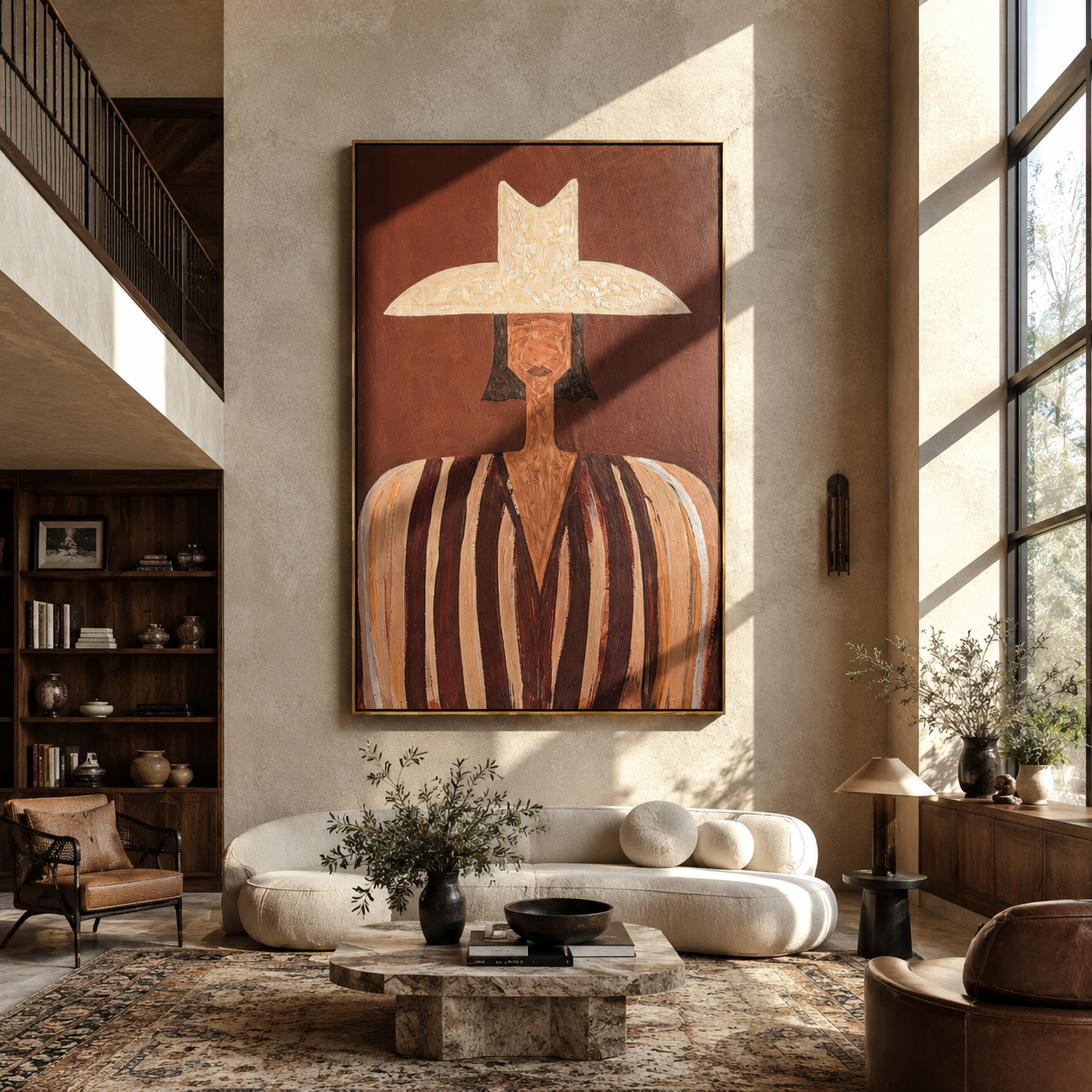 Striped Brim Crosses Cocoa - brown striped hat figure by Marcus Lau, Retro Modern vertical wall art – styled room scene view 3