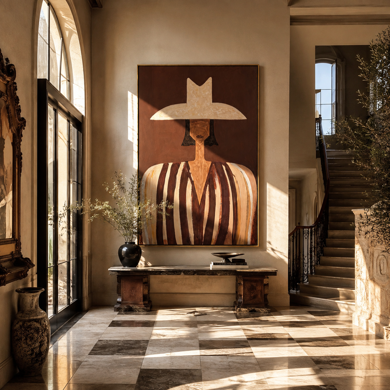Striped Brim Crosses Cocoa - brown striped hat figure by Marcus Lau, Retro Modern vertical wall art – styled room scene view 4