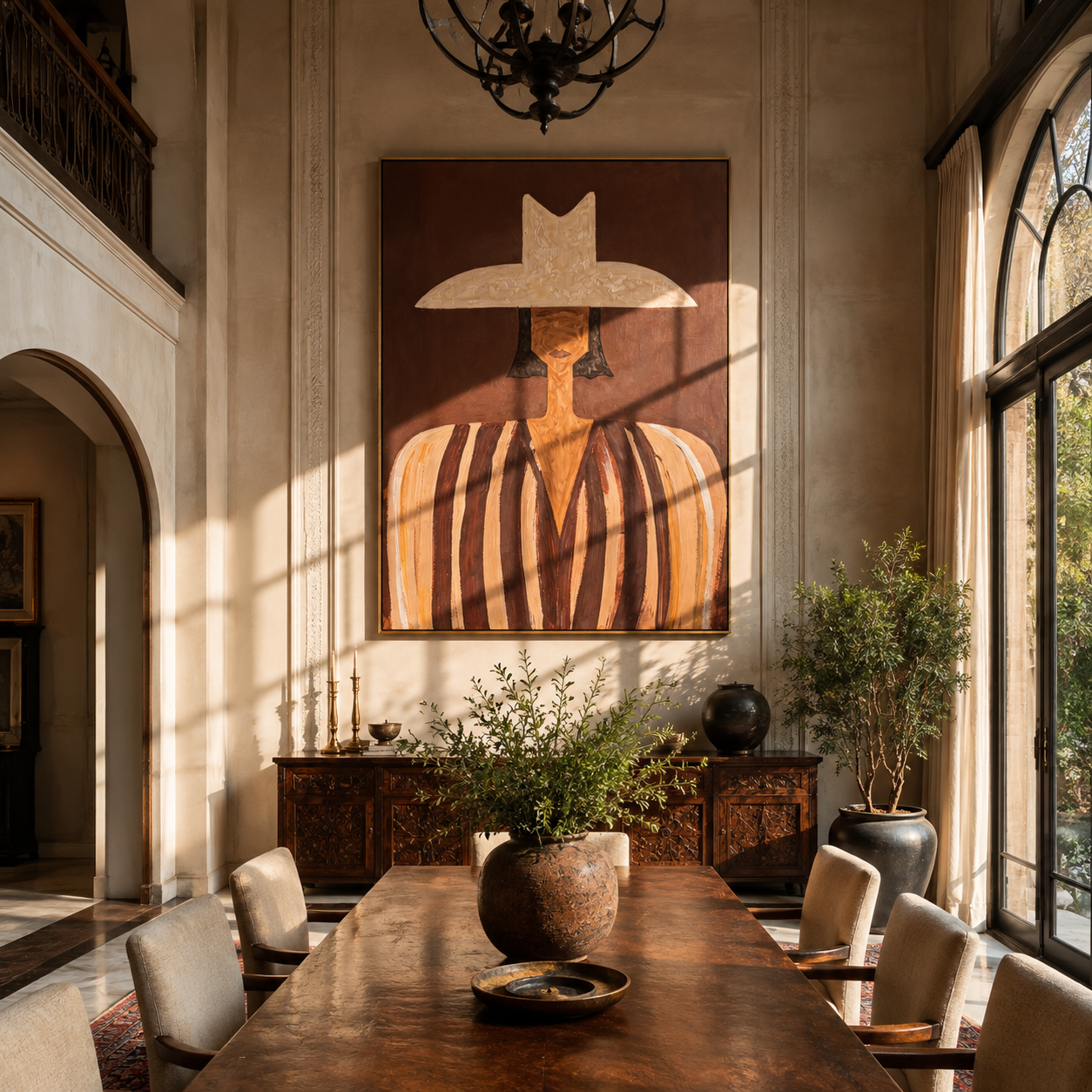 Striped Brim Crosses Cocoa - brown striped hat figure by Marcus Lau, Retro Modern vertical wall art – styled room scene view 5