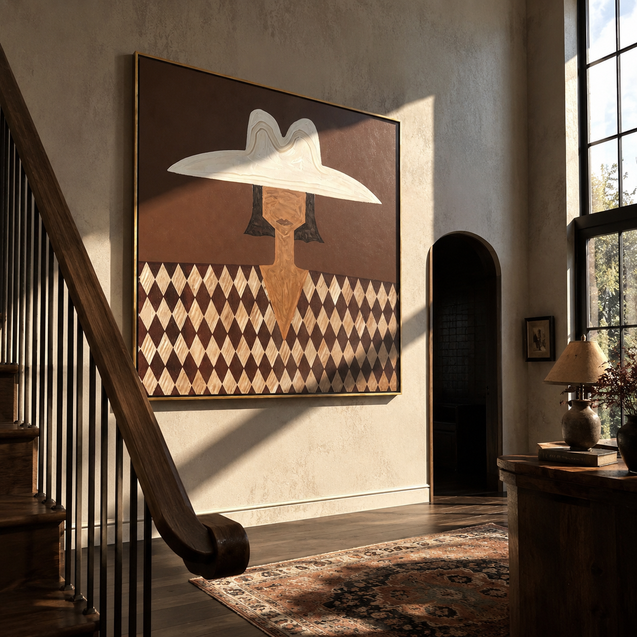 Diamond Shirt Holds Still - harlequin hat figure by Marcus Lau, Retro Modern square wall art – styled room scene view 1