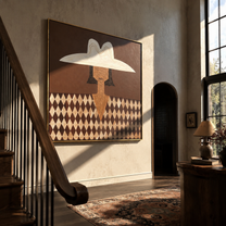 Diamond Shirt Holds Still - harlequin hat figure by Marcus Lau, Retro Modern square wall art – styled room scene view 1